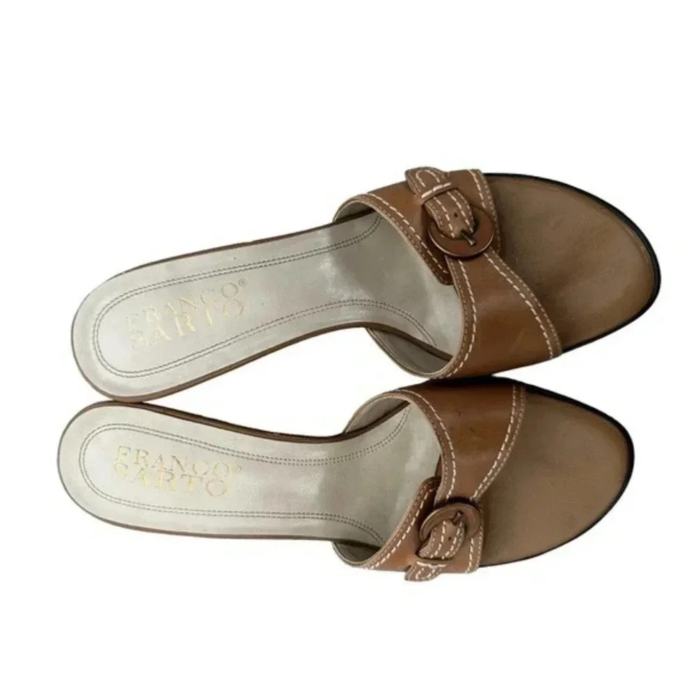 Franco Sarto Womens Leather Open Toe Block Heel Slip-On Sandals Brown Size 8.5 M
